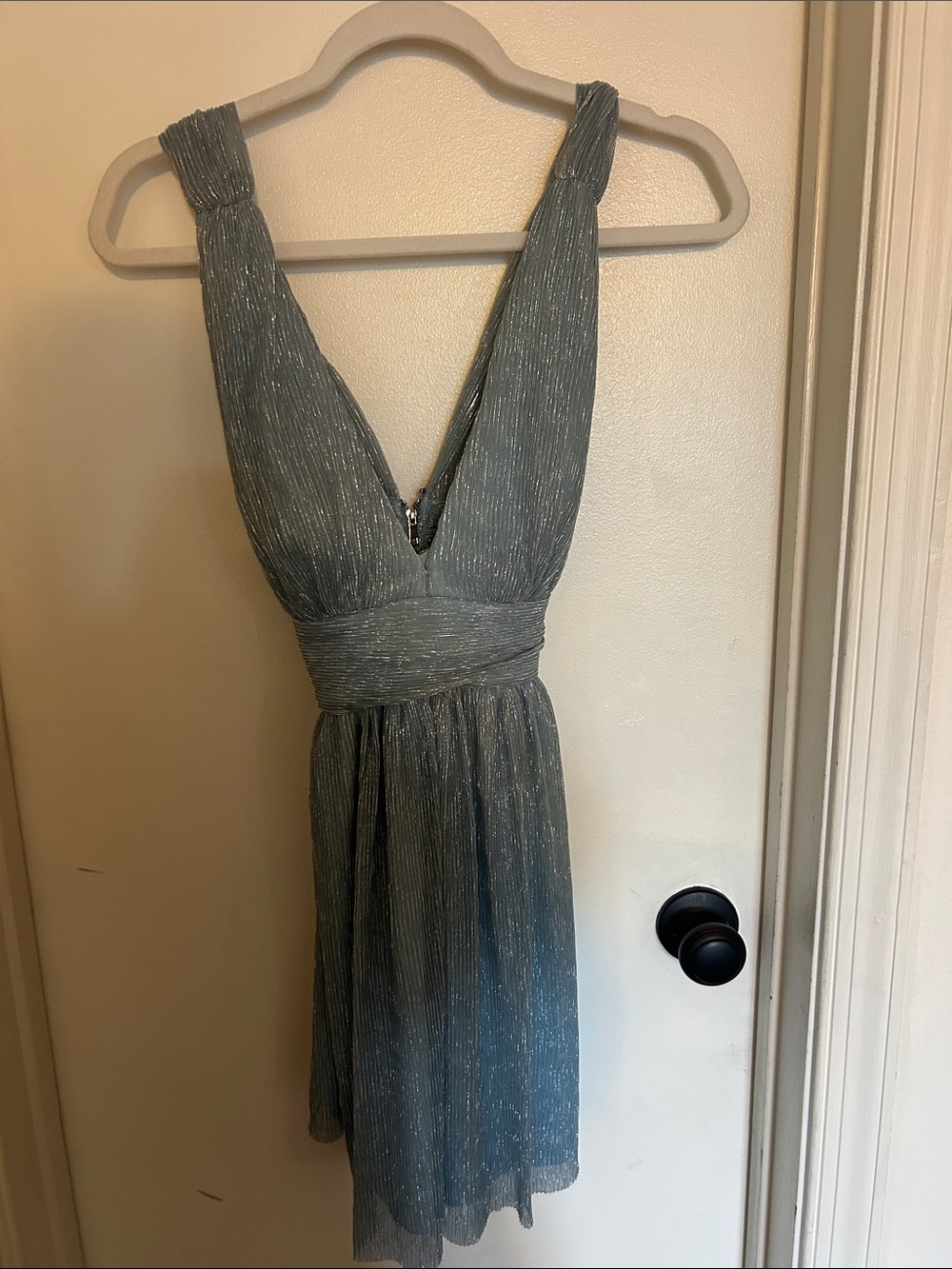Lulu's Shimmery V-Neck Pleated Mini Dress in Dusty Blue